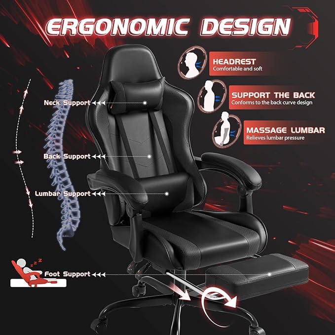 Shahoo Gaming Chair Video Gaming Chair with Footrest and Lumbar Support Ergonomic Computer Chairs with 360° Swivel and Height Adjustable Spin Chair with Headrest for Home Office Study Room (Black)