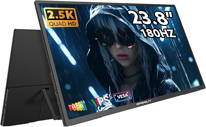 23.8'' Portable Monitor 2.5K 180Hz QHD 1440p VESA USB-C HDMI Laptop Screen Extender Built-in Stand Speakers for Laptop Mac PS4/5 Xbox Switch