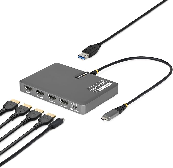 StarTech USB-C to Quad HDMI 4K60 Workstation Dock 140W PD Passthrough USB for Keyboard and Mouse Windows Mac M1-M5 USB4 Thunderbolt Laptops DisplayLink DL7400 TAA (Quad-USB-HDMI-Adapt)