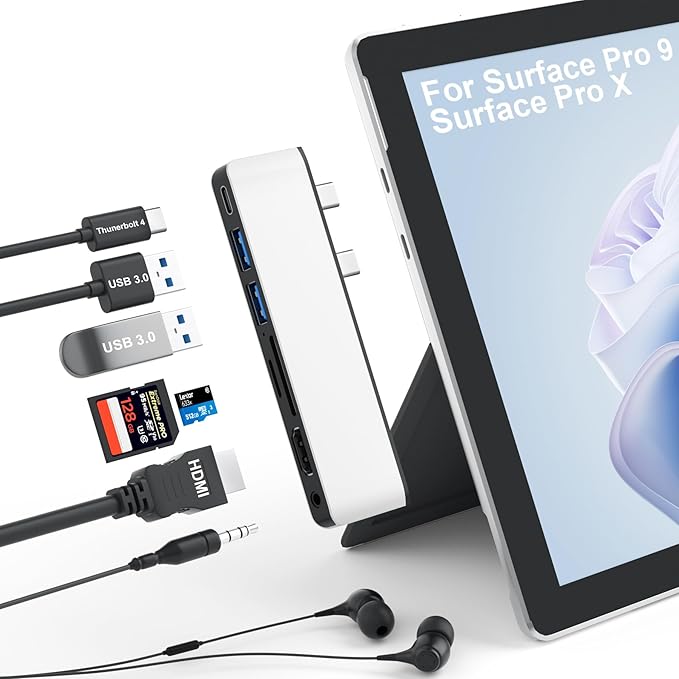 USB Hub Docking Station for Surface Pro 9/10/11/X with 4K HDMI USB-C Thunderbolt 4 (Display+Data+100W PD) 2 USB 3.0 3.5mm Audio SD/TF Card Reader