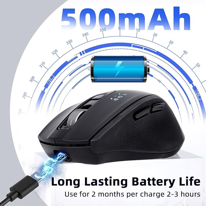 Wireless Mouse with Bluetooth USB-A USB-C Receiver Rechargeable Full-Size Mouse Silent Ergonomic for MacBook/Laptop/Computer/PC/iPad-Black