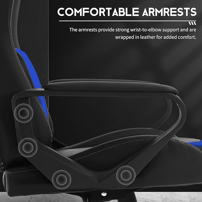 BLKMTY Gaming Chair Video Game Ergonomic Office Racing Computer PU Leather Chair - High Back Executive Task with Lumbar Support Headrest Swivel Chairs Blue