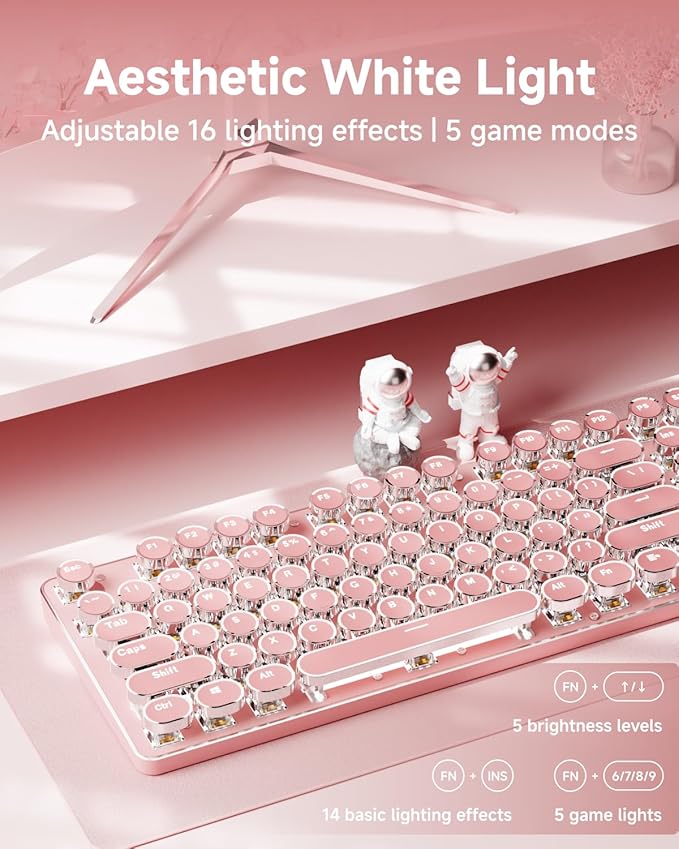 EWEADN TK950 Typewriter Keyboard Wireless Mechanical Keyboard 104 Keys Aesthetic Typewriter Keyboards with White Backlit Anti-Ghosting Blue Switch Bluetooth/2.4GHz/Wired Keyboards-Pink