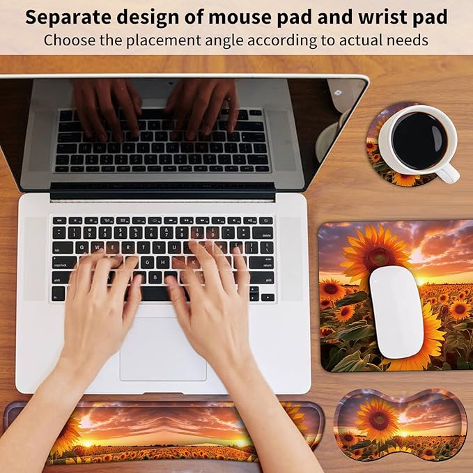 Keyboard Wrist Rest + Mouse Pad + Mouse Wrist Rest Support + Coaster Set Ergonomic Memory Foam Mouse and Keyboard Pad Set for Laptop Computer Office Home Working GamingSunflower