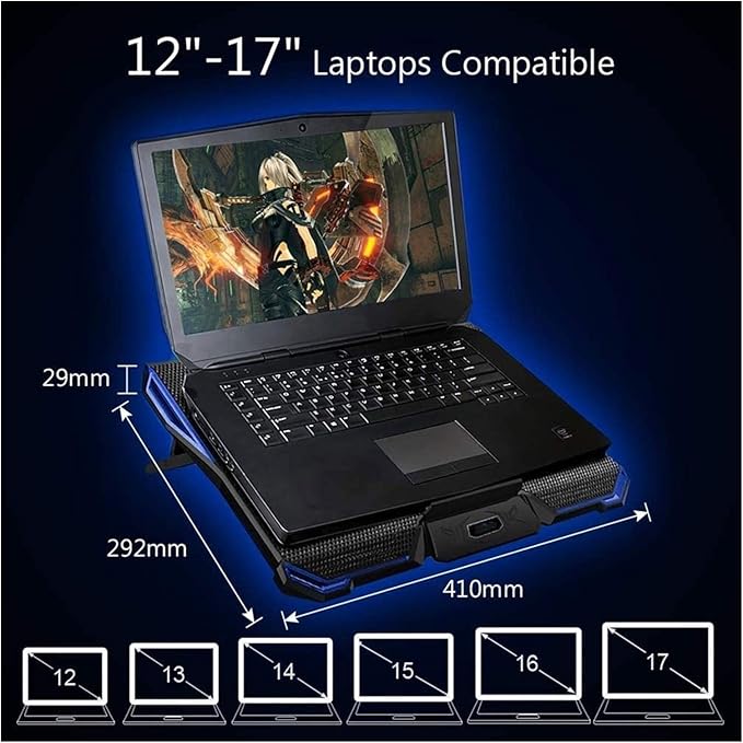 Laptop Cooling Pad LED Screen Gaming Laptop Cooler with 5 High-Speed Adjustable Fans 7 Heights Stand 2 USB Ports Compatible up to 17'' Laptop