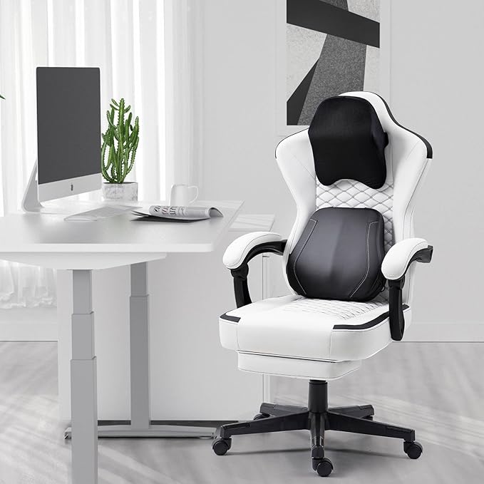 Gaming Chair with Heated Massage Lumbar Support Ergonomic Recliner High Back PC Chair Pocket Spring Cushion &amp Footrest 330lbs Capacity Leather Computer Chair for Adult/Heavy PeopleWhite