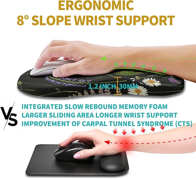 Hokafenle Ergonomic Mouse Pad Wrist Support Wrist Rest Mousepad for Carpal Tunnel Pain Relief with Integrated Memory Foam Slope Massage Bulge (11.8x7.9 inchFlowers