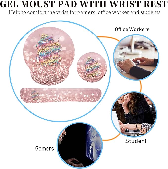 Keyboard Wrist Rest and Mouse Pad Wrist Support Set with CoastersStay Positive Work Hard and Make It Happen Inspirational Quote Wrist Mouse Pad with Non-Slip PU Base for Computer Laptop Home Office