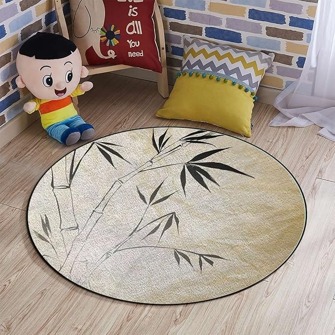 Bamboo Round RugPrint Carpet for Bedroom Living Room Office Home Decor Mat Gradient Bamboo LeavesBrown Cream Black White Diameter 60 in