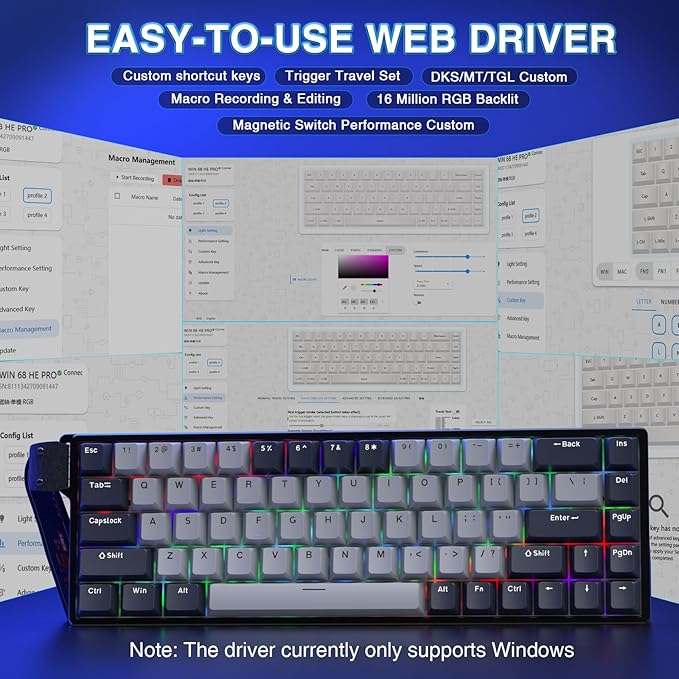 AULA WIN68 HE PRO - Hall Effect Gaming Keyboard with Magnetic Switch Fast Trigger Mode Adjustable Actuation 8KHz Polling Rate Wired RGB Backlit Mechanical Gaming Keyboard 60 Percent Compact Design