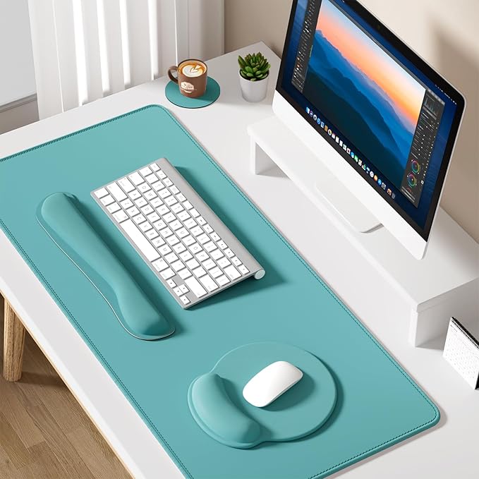 Dapesuom Large Gaming Mouse Pad Mouse Pads with Wrist Rest Wrist Support 4in1 Big XXL Desk Mat Desk Pad + Ergonomic Mousepad + Memory Foam Keyboard Mat Wrist Rest + Coaster Set for Computer Green
