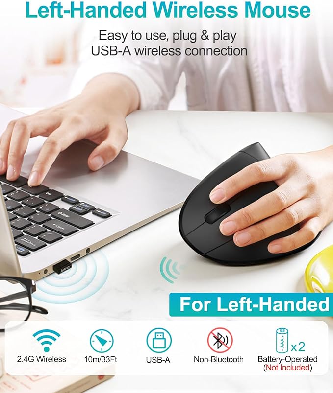 Lekvey Left Handed Ergonomic Mouse Vertical Wireless Mouse for Left Hand 2.4G USB Carpal Tunnel Lefty Mouse 3 Adjustable DPI 6 Buttons for Laptop PC Computer Mac Windows Desktop - Black