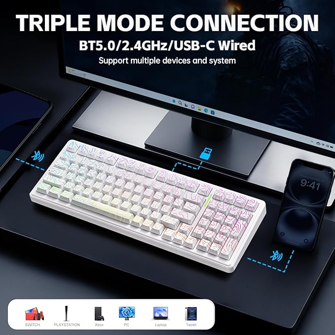 LEOBOG Aula Keyboard F99 Wireless Mechanical Gaming Keyboards Hot Swappable Custom Creamy RGB Backlit Computer KeyboardBT5.0/2.4GHz/USB-CTopographic Side-Printed Keycaps Switch