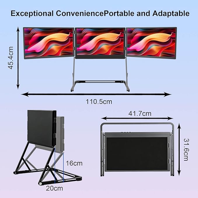 VSDISPLAY 15.6 Inch Portable Triple Monitor for Laptop 3 Screens Quad Monitor 1920x1080 IPS Laptop Screen Extender USB-C Displays Foldable