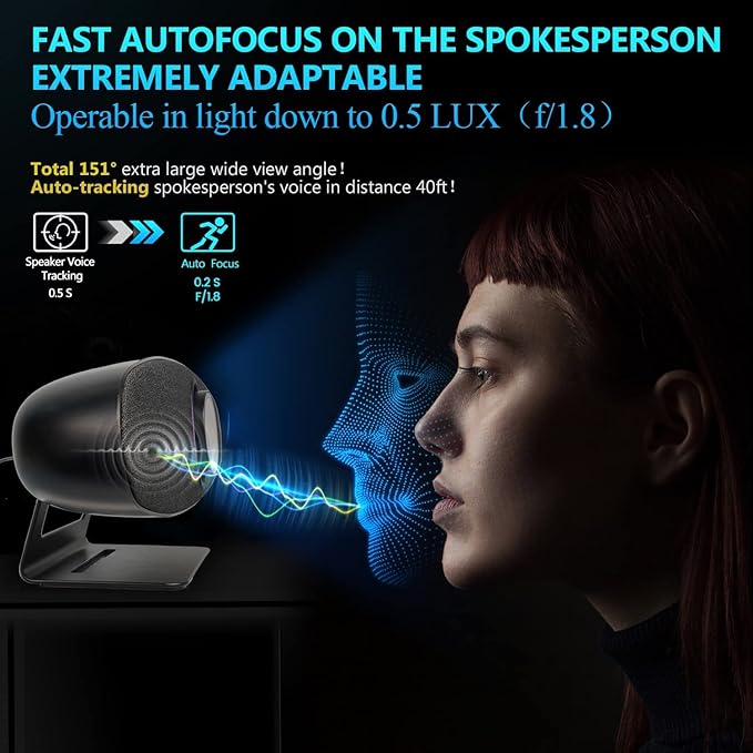 ROCWARE 4K UHD Video Conference System Camera [Voice Tracking &amp AI Autoframing] Webcam with Speaker and 4 Microphones All in-One Video Bar for All Conference Rooms 150°Wide Angle(5X Digital Zo
