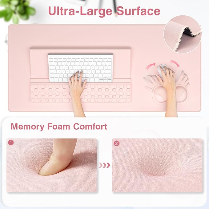 Ospelelf Keyboard Stand Wrist Rest Pad and Ergonomic Mouse Pad Set with Large Mousepad Desk Mat Memory Foam Comfort Premium Office Desk Accessories for Pain Relief and Efficiency Pink