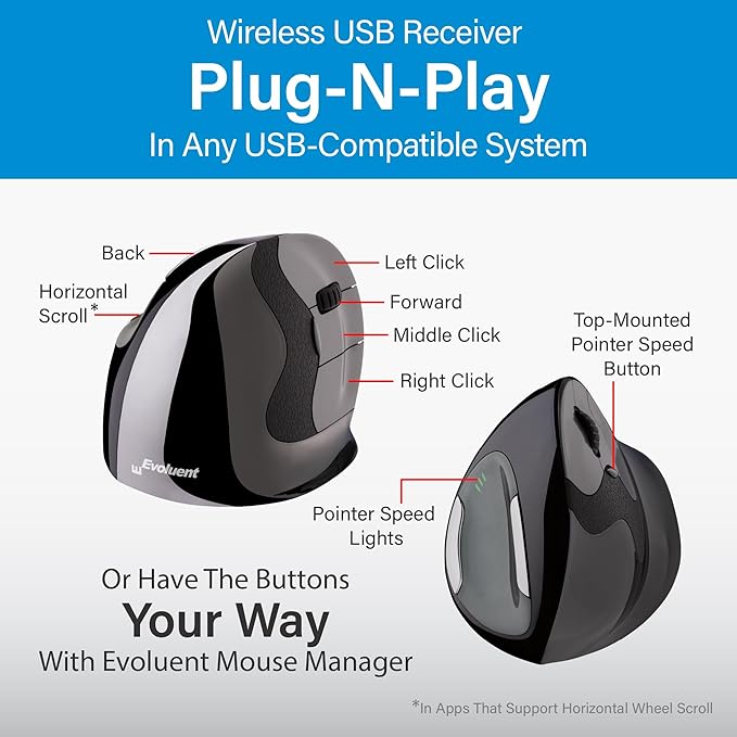 Evoluent – Inventor of The Vertical Mouse – VMDMW Ergonomic Vertical Mouse Right Hand Med USB Wireless Sculpted for Comfort Reduces Wrist Strain 4 Speeds 6 Customizable Buttons in Windows