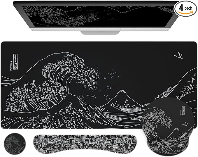 Ovenbird Mouse Pad Set 4-in-1 | Large Gaming Mousepad Keyboard Wrist Rest Mouse Wrist Support Coaster | Ergonomic Office Desk Mat Accessories for Women Men | 4PCS 35.4 x 15.7in Great Wave Black