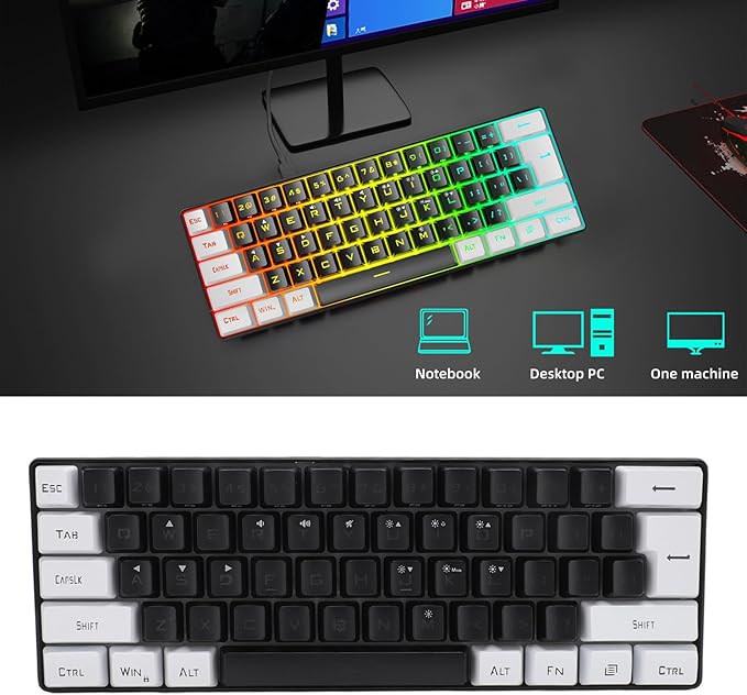 Portable 60% Mechanical Gaming Keyboard 61 Keys RGB Backlit USB Keyboard with Ergonomic Design USB Wired Keyboard for PC Travel (Black White)