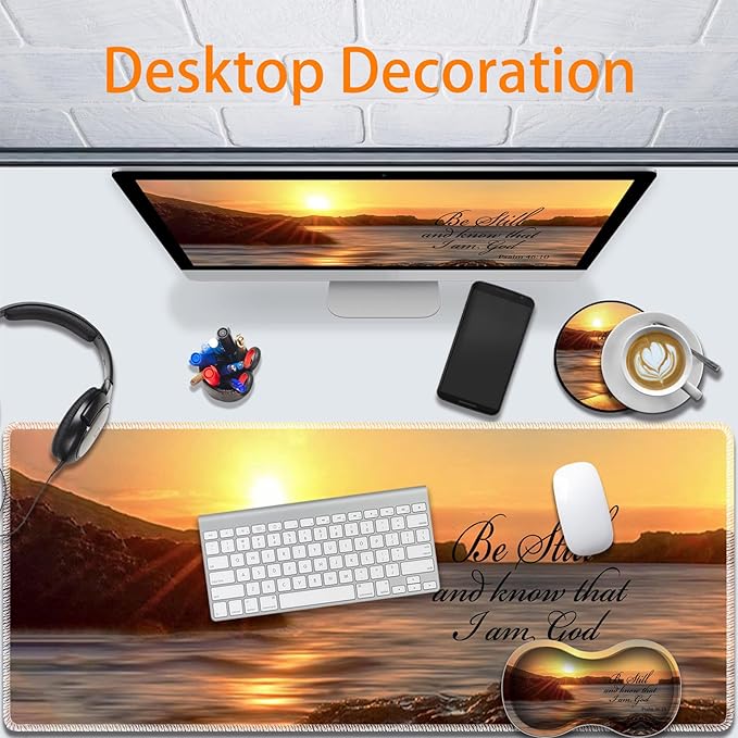 Durable Desk Mat + Wrist Rest Pad + Coasters Set Large Gaming Office Mouse Pad 31.5 x 11.8 Extended Non-Slip Rubber Keyboard Pad Laptop &amp Home Sunset Beach