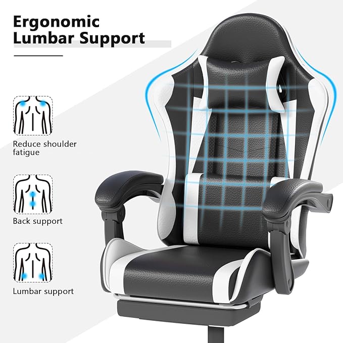Gaming Chair with Headrest and Lumbar Support Ergonomic High Back Office Chair Racing Style Executive Computer Desk Chair Leather Adjustable Swivel Task Chair for Home Office (White)