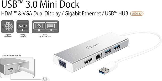 j5create USB A Hub with HDMI VGA Ethernet + USB C to USB Type-A Adapter (JUD380 + JUCX15X2)