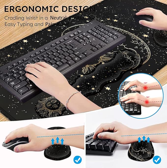 JVGFYNKL Extended Large Mouse Pad+Keyboard Wrist Rest Support  Ergonomic Memory Foam Wrist Rest Easy Typing 4Pcs Desk Pad Set for Home Office Sun Moon Star Pattern XXL Gaming Black Desk Mat