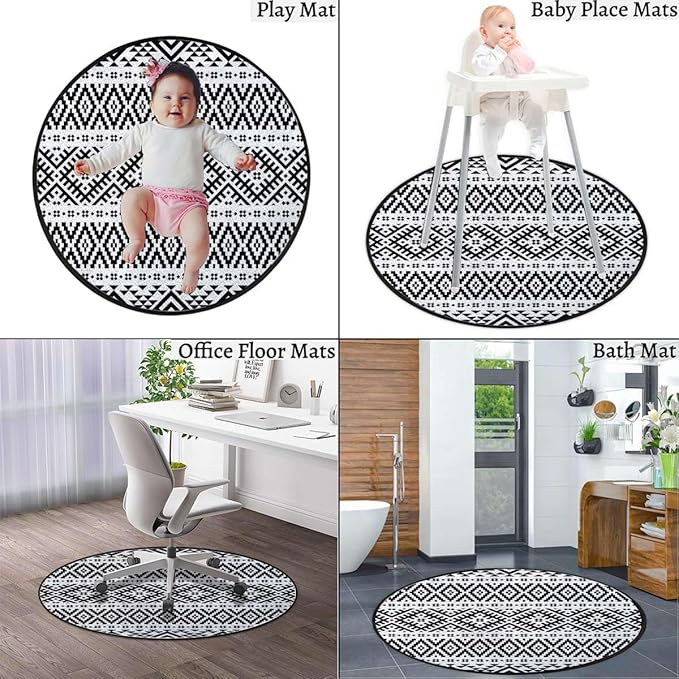 Black and White Round RugCircle RugFarmhouse Distressed Non Slip Area Rug Round Rugs for Living Room Kitchen Bedroom Bathroom Geometric Design Triangles Squares Diameter 39.4 in