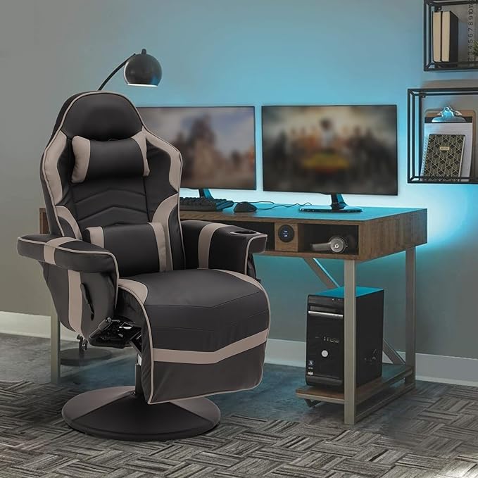 Gaming Chairs for Adults Gaming Chair with Footrest Massage Gaming Chair w/Adjustable Height and Backrest Swivel Video Game Chair with Lumbar Support Side Pouch (Black&amp Grey)