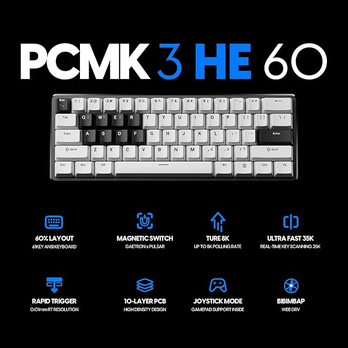 Pulsar PCMK 3 HE 60 Hall Effect Magnetic Gaming Keyboard Rapid Trigger Adjustable Actuation Magnetic Switch 8k Polling Ultra-Low Latency RGB Lighting Hot-Swap Double Shot PBT Keycaps (White)