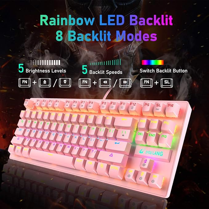LexonElec K2 Mechanical Gaming KeyboardBlue Switch Mini 82 Keys Wired Rainbow LED Backlit KeyboardLightweight Gaming Mouse 6400DPI Honeycomb Optical for MAC PC Gamers(Pink)