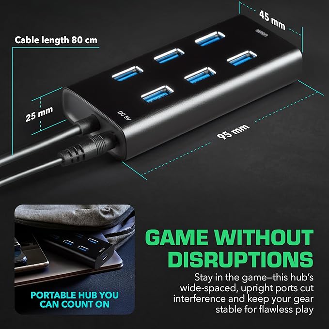 Rebuff Reality 7 Port USB Hub Dongle USB 3.0 Hub for Wireless Interference Reduction for Gaming Stable Connection &amp Lag-Free for Mouse Keyboard Headset Compatible with PC Mac Xbox PlayStat