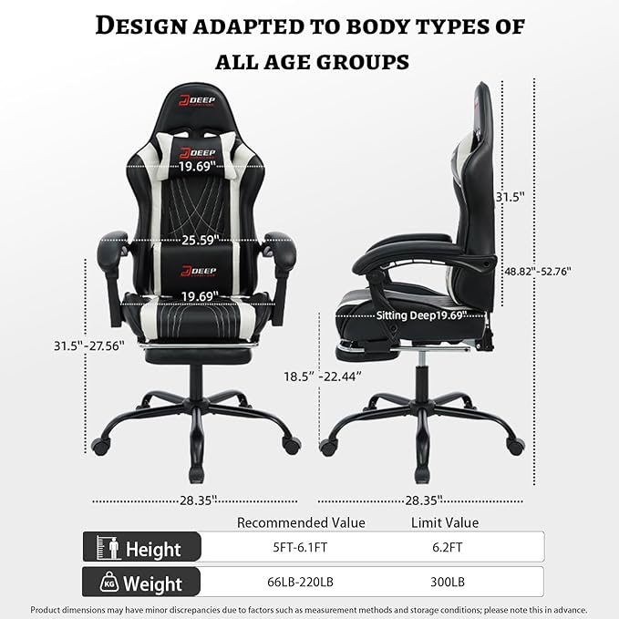 Ergonomic Gaming Chair with Footrest and Lumbar Massage Racing Office Chair High Back Computer Desk Chair with Headrest Pillow for Adults Video Game Chair for PC Gamer (1001-White)