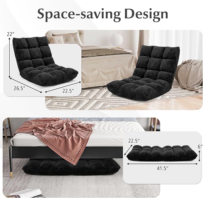 SIMOE 14-Position Foldable Floor Chair with Back Support Plush Coral Fleece Floor Seating for Kids Teens &amp Adults Padded Lazy Sofa Gaming Chair for Bedroom Reading &amp Dorm Black