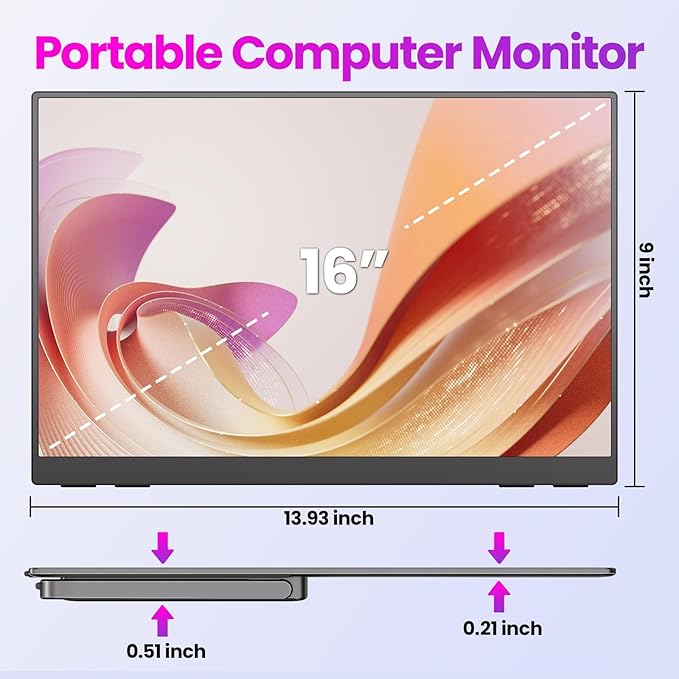 Portable Monitor 16 inch 2K QHD 2560X1600 145% sRGB 144 Hz HDR HDMI USB-C Travel Monitor for Laptop MacBook PC Surface PS5 Xbox External Display with Kickstand &amp Speakers VESA Compatible