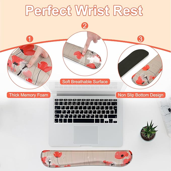 MEGREZ 4-in-1 Ergonomic Memory Foam Wrist Rest Set Desk Pad Mouse Pad with Wrist Rest Keyboard Pad Suitable for Office Workers Programmers &amp Gamers–Relieve Typing &amp Gaming Fatigue Light