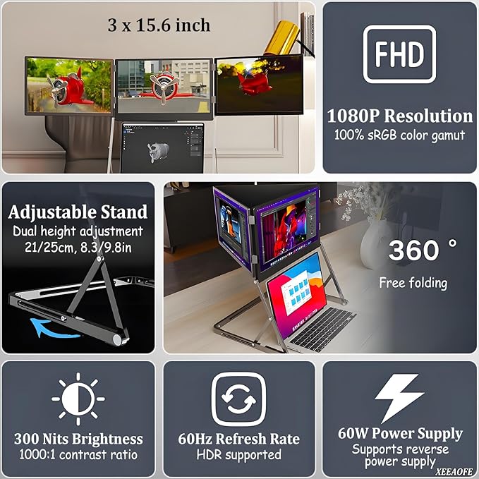 Triple Laptop Screen Extender Monitor 15.6 Quad Portable Screen FHD 1080P for Compatible with Windows/Mac