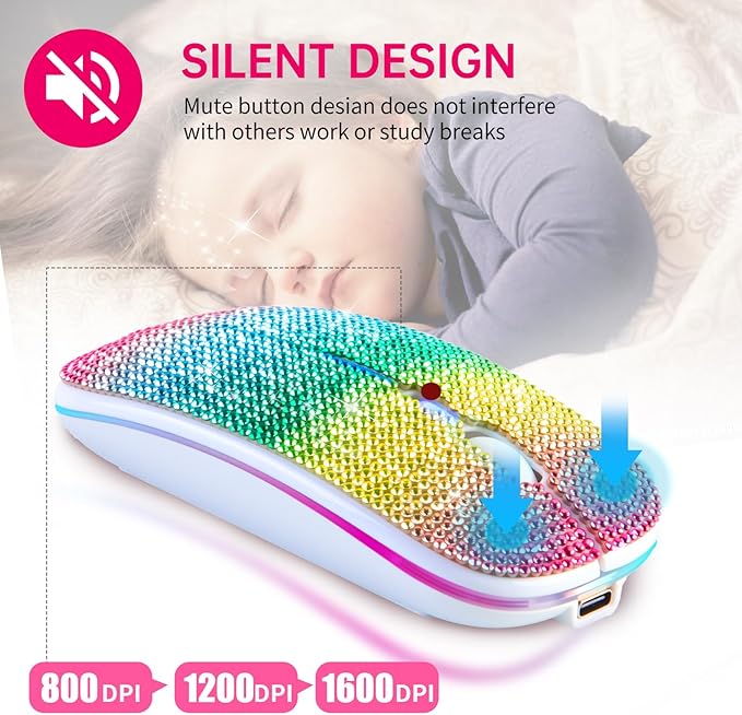 HXMJ Bling Dazzling Rechargeable 2.4G Wireless+Bluetooth MouseCovered with Crystal Diamond RhinestoneRGB BacklitGreat Gift idea for Her (Multicolor)