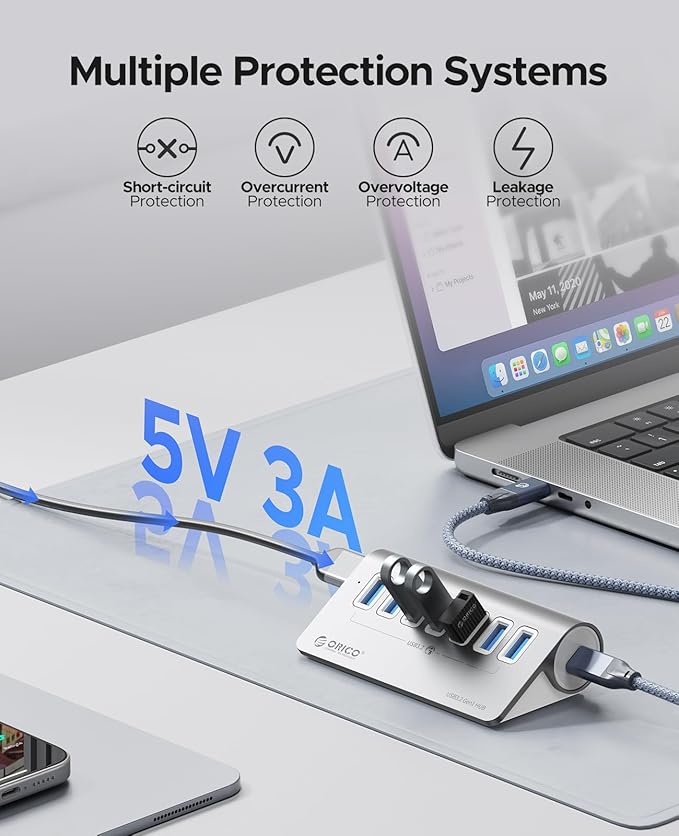 ORICO Powered USB Hub 10Gbps 7 Port USB 3.2 Gen 2 Hub with 7 USB 3.2 Data Ports 5V 3A Power Supply Interface 1.64Ft USB C to C Cable and USB-A Adapter Aluminum USB Data Hub for Laptop