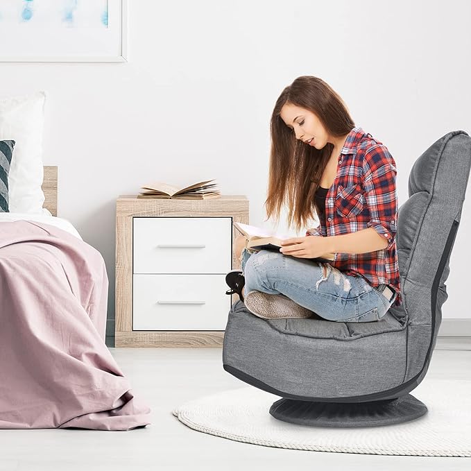Rainfally 360-Degree Swivel Floor Sofa Chair Folding Gaming Chair w/ 5-Position Adjustable Backrest &amp Comfortable Sponge Padded Lazy Sofa Lounge Chair for Reading TV Watching or Gaming (Gray)