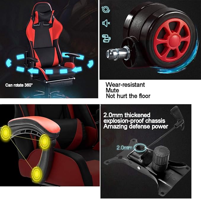 LJJ Gaming Chair with Footrest Game Seat Internet Cafe Competitive Office Computer Chair Home Recliner Adjustable Chair Headrest and Lumbar Support E-Sports Swivel ChairRed