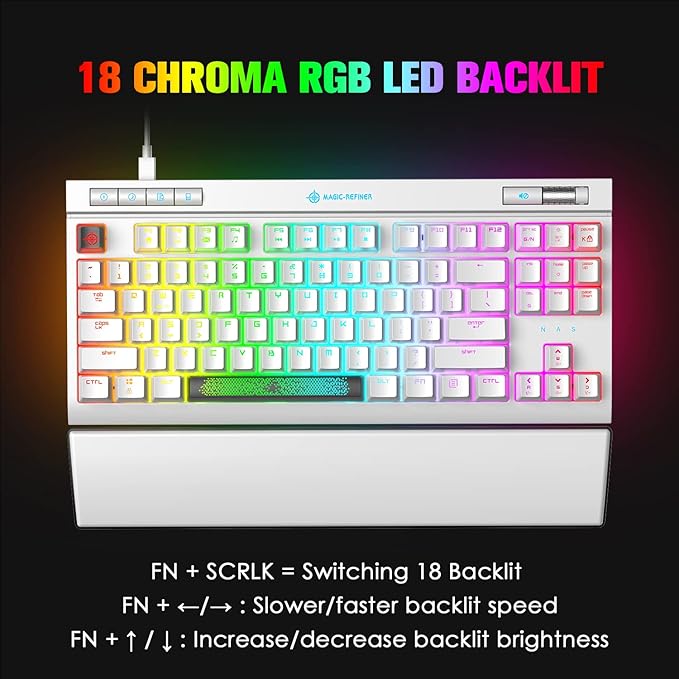 ZIYOU LANG Mechanical Gaming Keyboard87 Keys Chroma RGB LED BacklitWhite Computer KeyboardPU Wrist RestMultimedia KeysAnti-ghosting KeysWaterproof Light Up USB Wired Keyboard for PC Mac Xbox