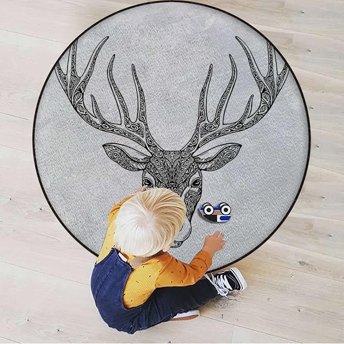 Antler Gaming Chair Mat Round Floor Mats for Office Chair Computer Gaming Desk Mat for Rolling Chair Non-Slip Gaming Rug Artistic Abstract Deer SkullWhite and Black Diameter 47.2 in