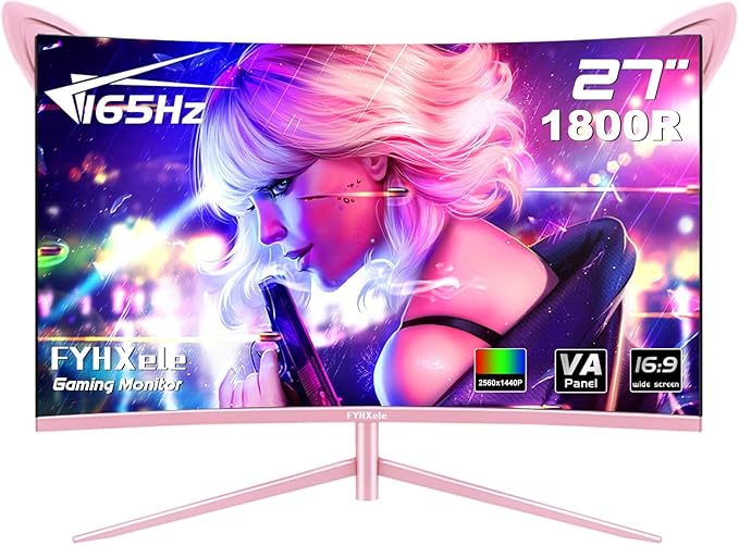 FY27QHP Pink Monitor 27 Inch Curved Gaming 165Hz - Support 144Hz 1800R 1ms QHD 2560 x 1440P VA Screen Built-in Speakers AMD Free-Sync HDMI DP USB AUX Tilt Adjustable