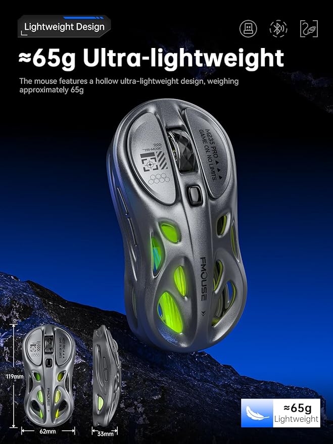 Gaming Wireless Mouse Tri-Mode (2.4G/Bluetooth/Wired) 4800 DPI 1000Hz Ergonomic Hollow RGB Rechargeable Type-C for Mac/Laptop/iPad/Office - Gray