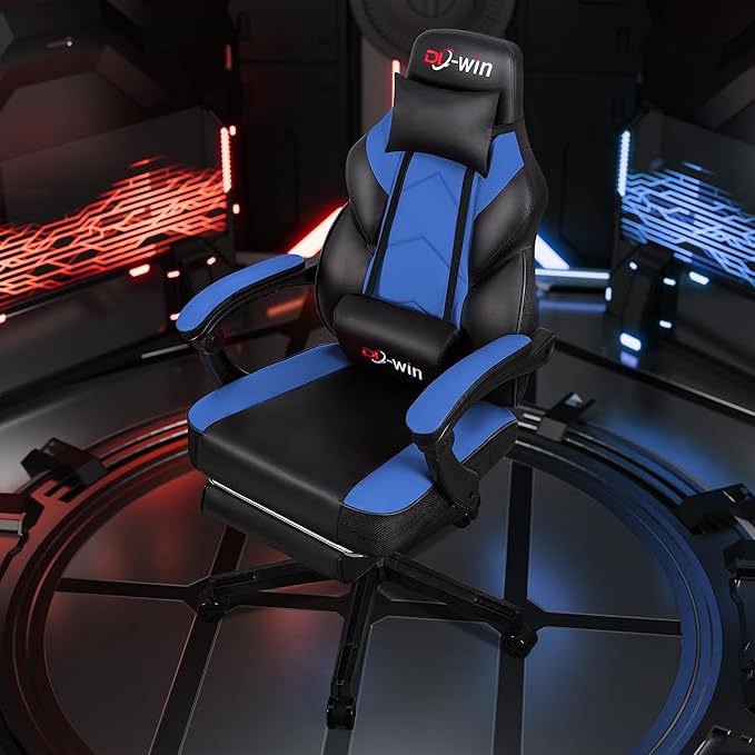 Gaming Chairs for Adults Computer Chair with Footrest and Ergonomic High Back Big and Tall Gamer Chairs with Massage Lumbar Support 360° Swivel Height Adjustable Gaming Chair Blue
