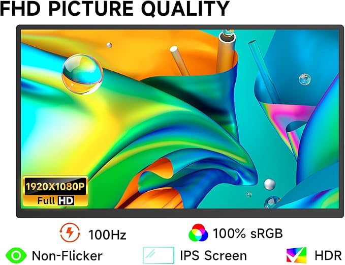 qaf 18.5 Inch Portable Monitor 100Hz 1080P FHD IPS HDR Display 100% sRGB Frameless Gaming Travel Second Monitor for Laptop PC Mac PS5 Xbox VESA Mount Built-in Speakers - Classic Black