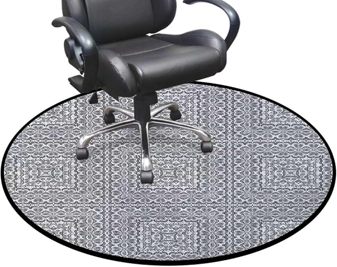 Black White Gaming Chair Mat Under Computer Desk Floor Protector for Rolling Chairs Non Slip Anti Scratches Curved Leaves and Swirls Oriental Art Diameter 47.2 in