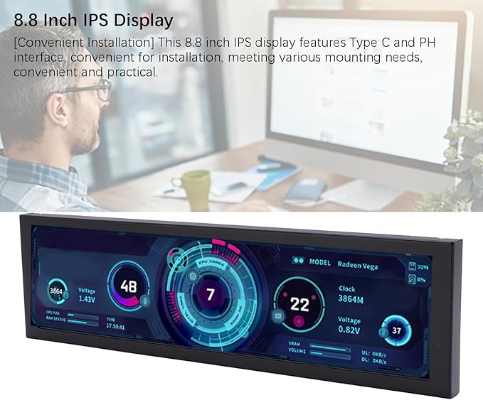 Bewinner 8.8 Inch PC Display Screen Aluminum Alloy Shell Auto Play Function Built in Decoding Chip HDMI Display 1920x480 for PC Laptop with Type C for Convenient Installation