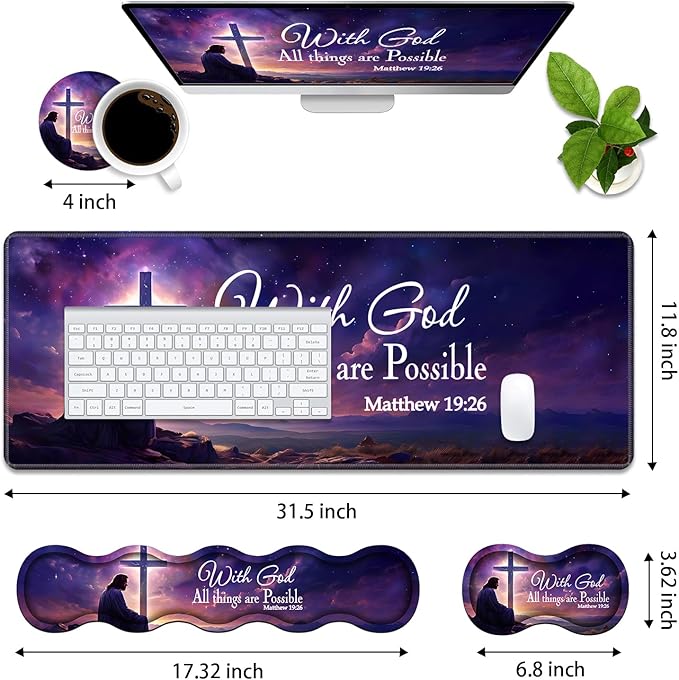 Ergonomic Memory Foam Mouse Pad Wrist Rest SetLarge Gaming Desk Pad + Keyboard Wrist Rest + Mouse Wrist Cushion + Coaster for Home Office Study GamingChristian Cross Quote Bible Verse Matthew 19:26